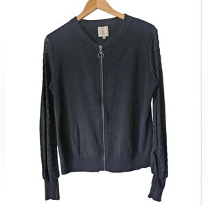 Sioni Black Full Zip Classic Minimalist Preppy Cardigan Sweater, Size L